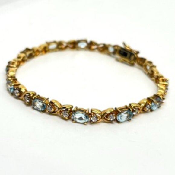 VINTAGE DBJ 925 VERMEIL BLUE TOPAZ CZ TENNIS BRACELET GOLD STERLING SILVER 7” - Picture 4 of 14